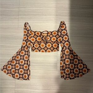 SHEIN Floral Brown and Orange 70’s Top